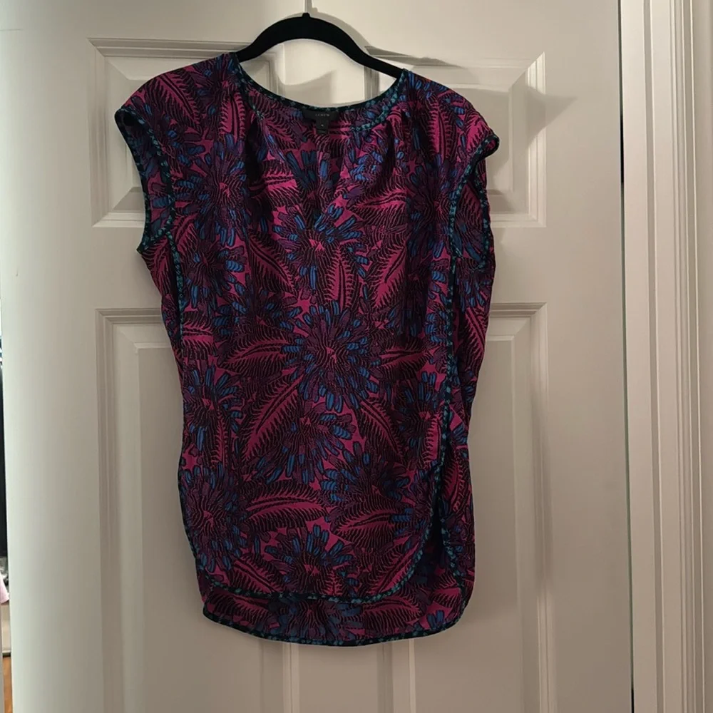 JCrew fuchsia and turquoise sleeveless floral print silk blouse size 4 - Picture 4 of 8